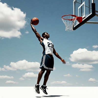 African-American man dunking basketball