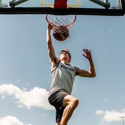 Young man dunking basketball