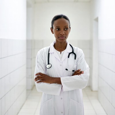 African-American female doctor in hospital corridor