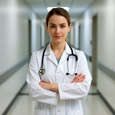 Female doctor in hospital hallway