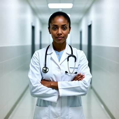 African-American nurse arms crossed hospital hallway