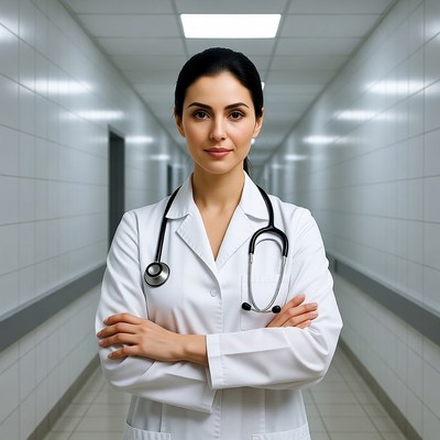 Female doctor in hospital hallway