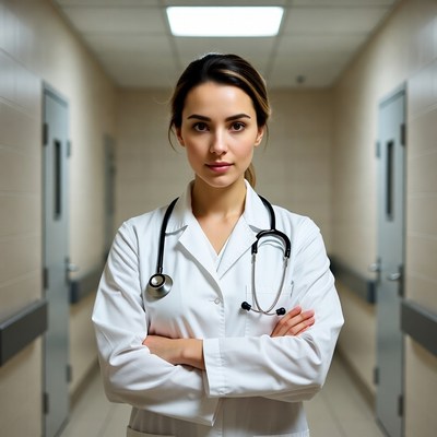 Female doctor arms crossed hospital corridor