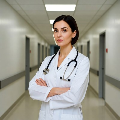 Female doctor arms crossed hospital hallway