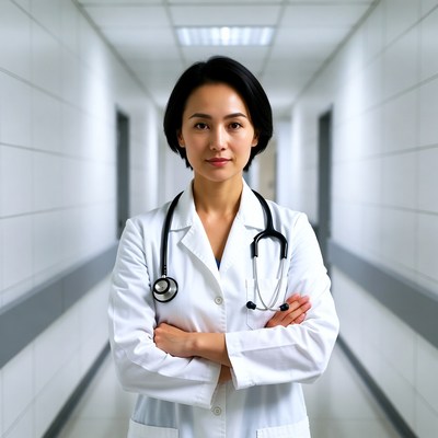 Asian female doctor in hospital corridor