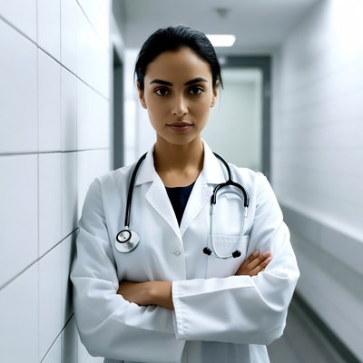 Indian female doctor arms crossed hallway