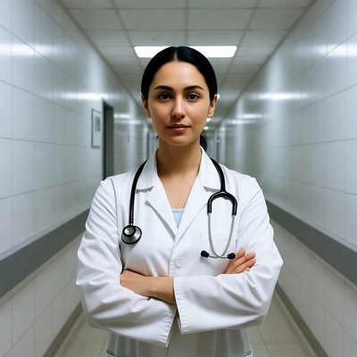 Female doctor with stethoscope in hospital corridor