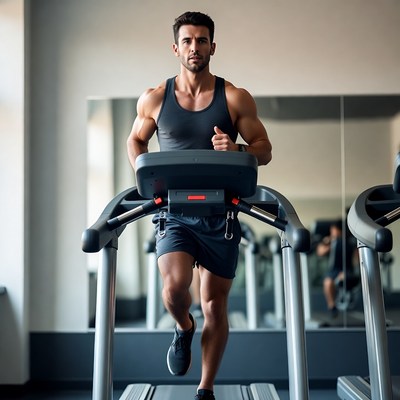 Muscular man running on treadmill