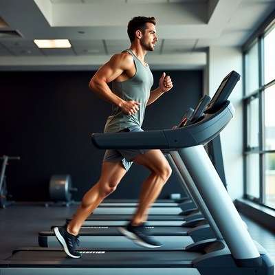 Muscular man running on treadmill