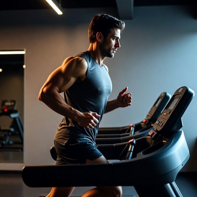 Muscular man running on treadmill
