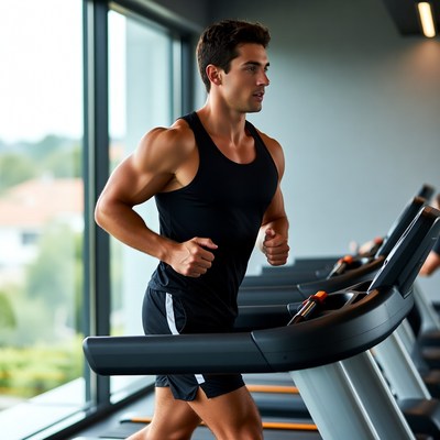 Muscular man running on treadmill