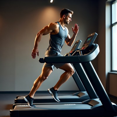 Muscular man running on treadmill