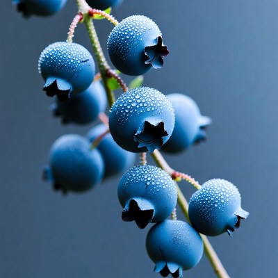 Dew-covered blueberries on stem