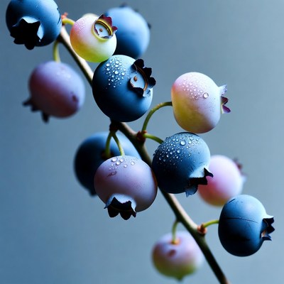Fresh blueberries on stem with dew
