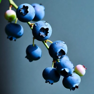 Fresh Blueberries on Stem with Dew