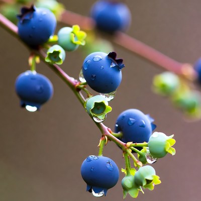 Blueberries with Dew on Branch