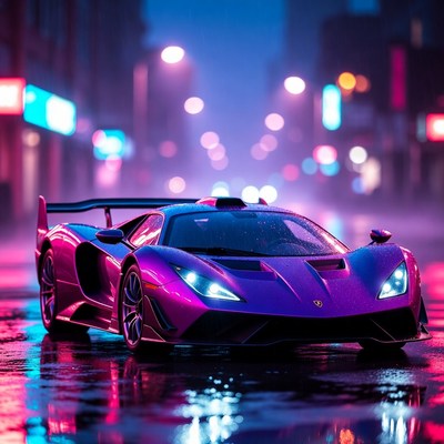 Purple Supercar on Wet Neon Street