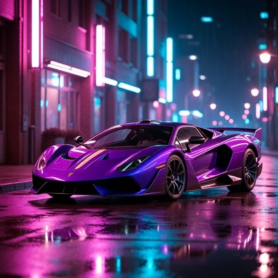 Purple Supercar on Neon Wet Street