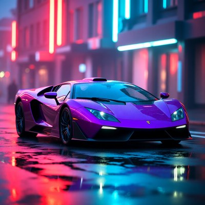Purple Supercar on Neon Street