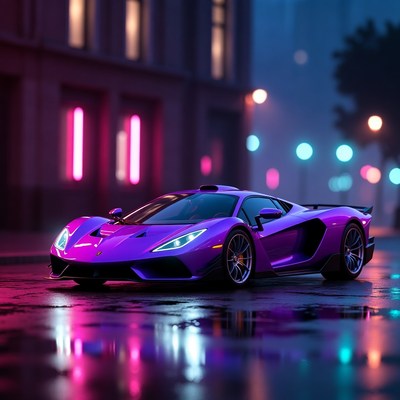 Purple Supercar on Wet Neon Street