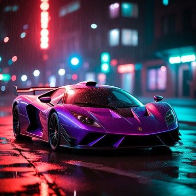Purple Porsche Supercar on Wet Night Street