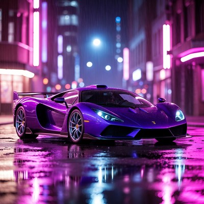 Purple Supercar on Neon Wet Street