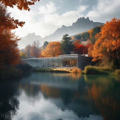 Glass House by Autumn Lake and Mountains