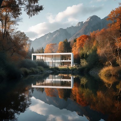 Modern White House Reflected in Lake with Autumn Mountains