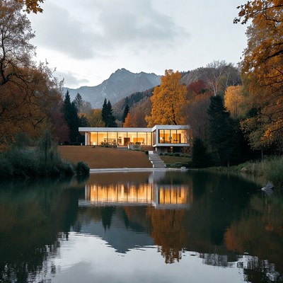 Modern House by Lake in Autumn Forest