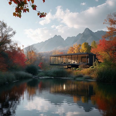 Modern Glass House by Autumn Lake