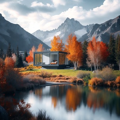 Modern Glass House in Autumn Mountains