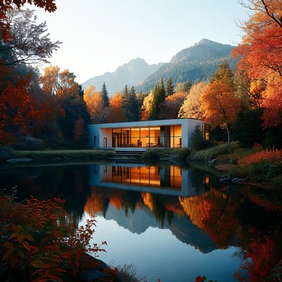 Modern House by Autumn Lake Mountains