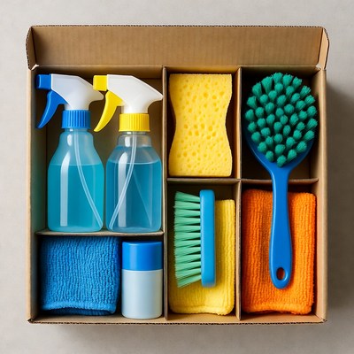 Cleaning supplies in cardboard box