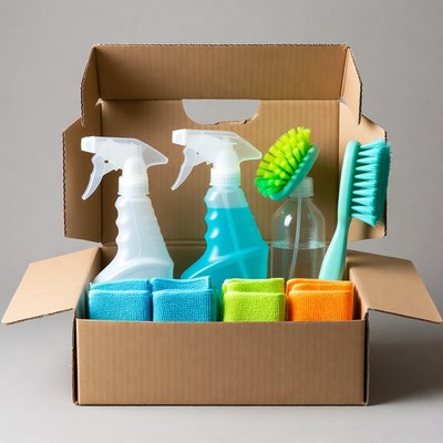 Cleaning supplies in open box