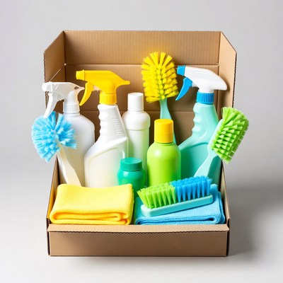 Cleaning Supplies in Cardboard Box