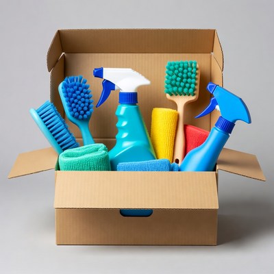Cleaning Supplies in Cardboard Box