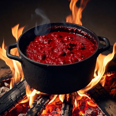 Steaming Red Stew in Black Pot over Campfire