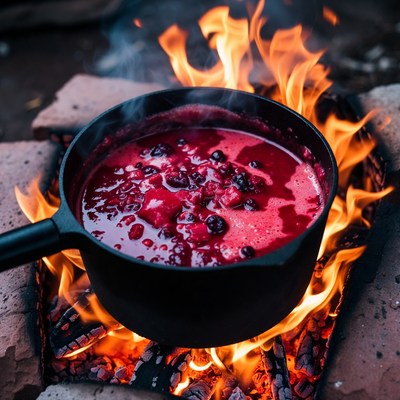 Berries cooking in pot over campfire