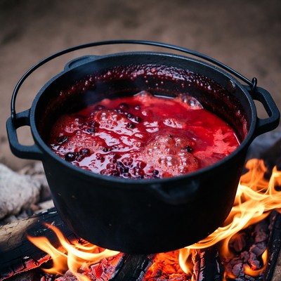 Berries cooking in cauldron over campfire