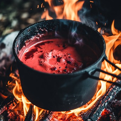 Red Liquid Boiling in Pot over Campfire