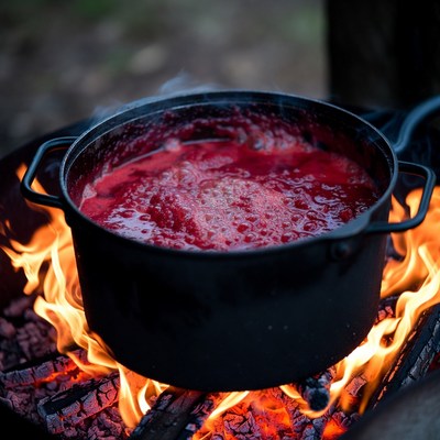 Red Sauce Boiling in Pot over Campfire