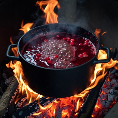 Cranberries Boiling in Pot over Campfire