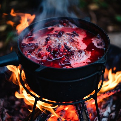 Lingonberries Boiling Over Campfire
