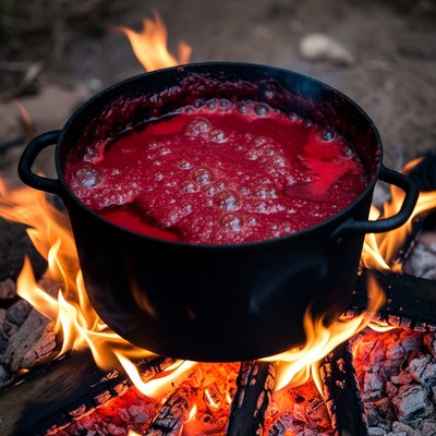 Boiling Red Liquid in Campfire Pot