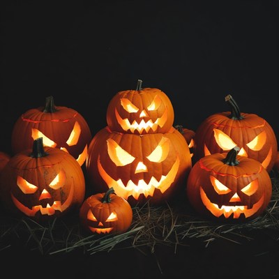 Group of carved jack-o-lanterns on hay