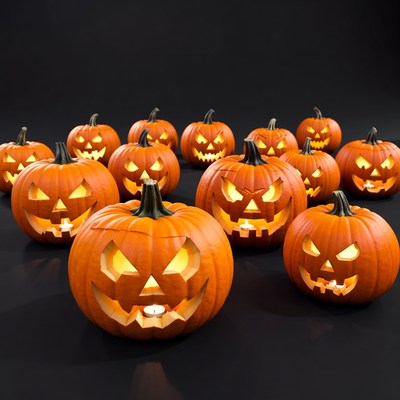 Jack-o'-lantern pumpkins on black background
