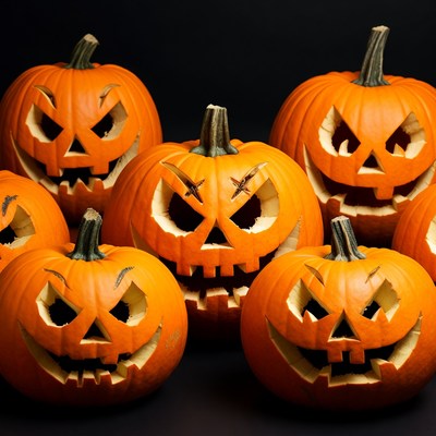 Jack-o'-lantern pumpkins on black background
