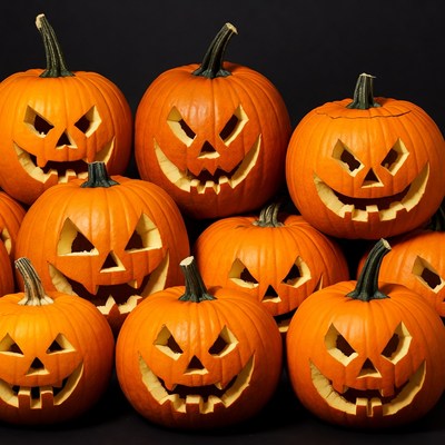Jack-o-lantern pumpkins on black background