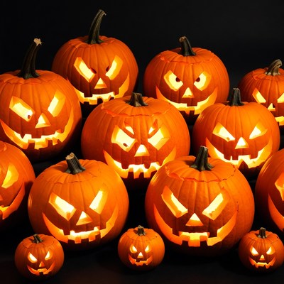 Jack-o'-lantern pumpkins on black background