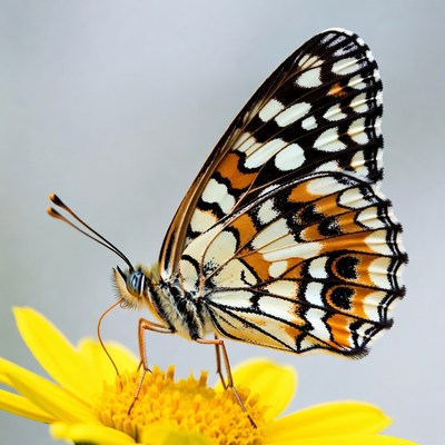 Orange butterfly on yellow daisy